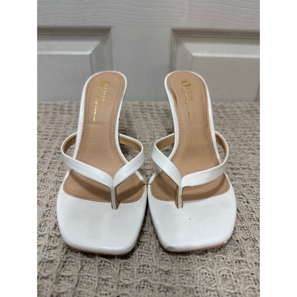 Olivia Jaymes Thong Heel Sandal White Square Toe Stiletto Mules Size 5.5 - Picture 3 of 8